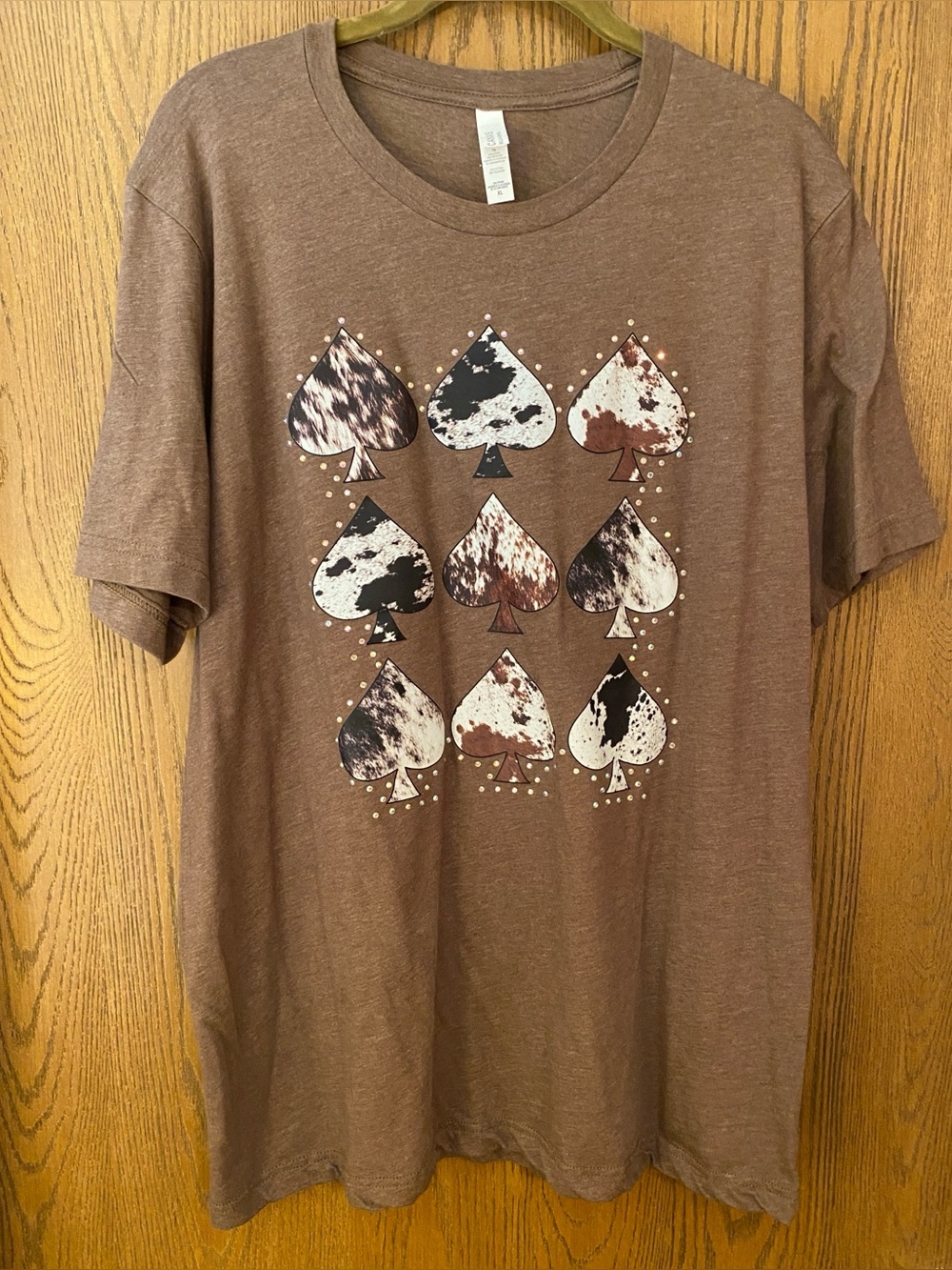 Cow Print Spades w/Iridescent Rhinestones, Graphic Tee, Heathered Brown, Sz XL